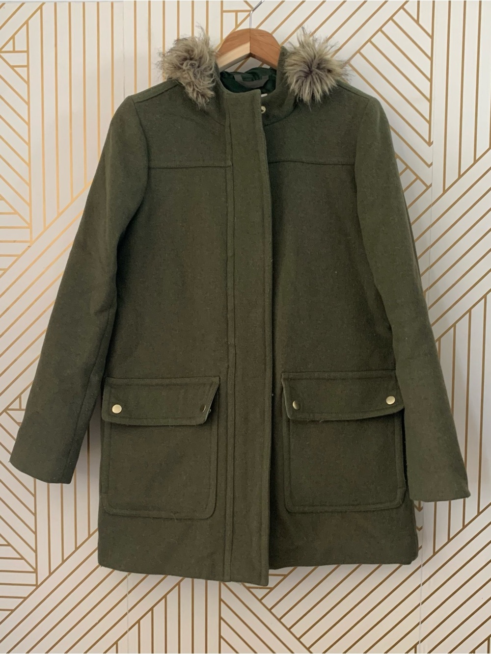 J. Crew Vail Parka Wool blend peacoat jacket zipper front faux fur hood hoodie 4